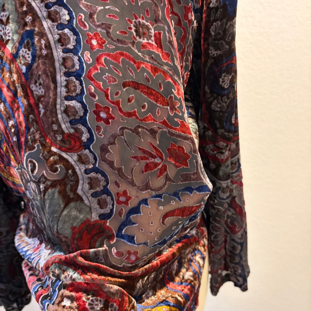 Vintage Silk Blend Velvet Burnout Button Up Shirt M Y2K Paisley Whimsigoth Sheer - Picture 5 of 11